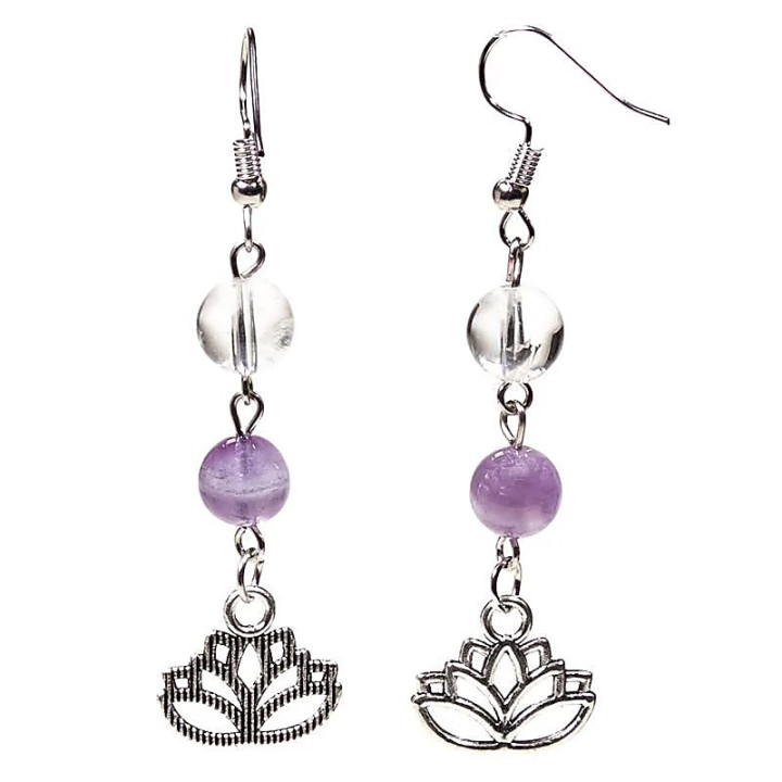 Boucles d'oreille Amethyste chevron/Cristal de roche lotus | Pieralune