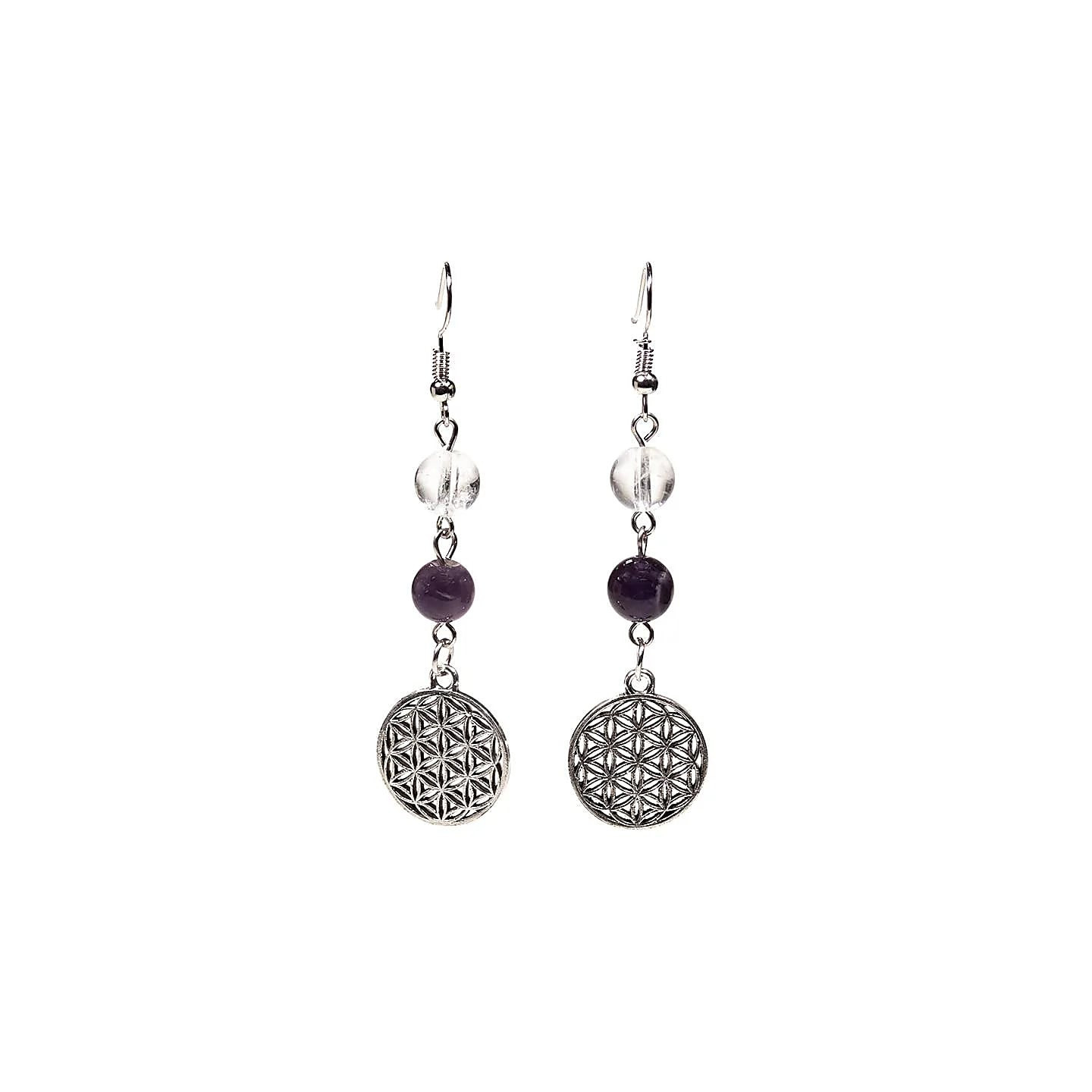 Boucles d'oreilles Cristal de roche/Améthyste fleur de vie | Pieralune