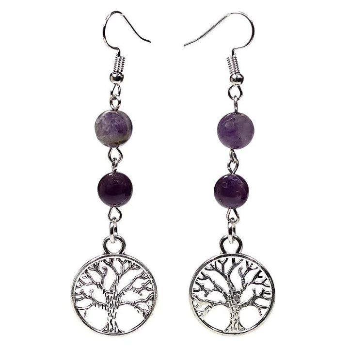 Boucles d'oreilles fluorite/améthyste arbre de vie | Pieralune