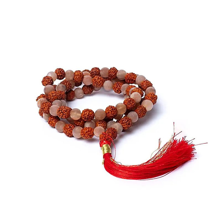 Mala pierre de lune pêche/rudraksha qualité AA en pochette | Pieralune