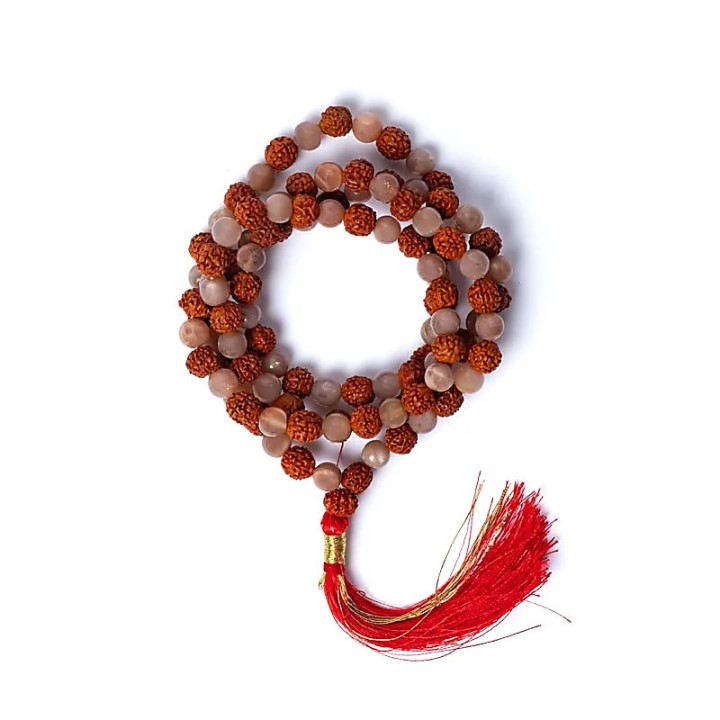 Mala pierre de lune pêche/rudraksha qualité AA en pochette | Pieralune