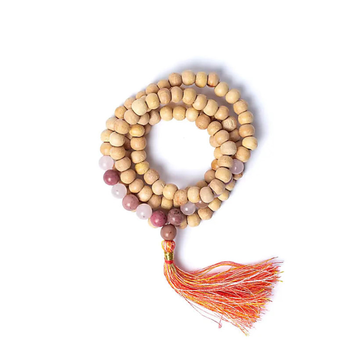 Mala Tulsi avec thulite/quartz rose qualité AA en pochette | Pieralune
