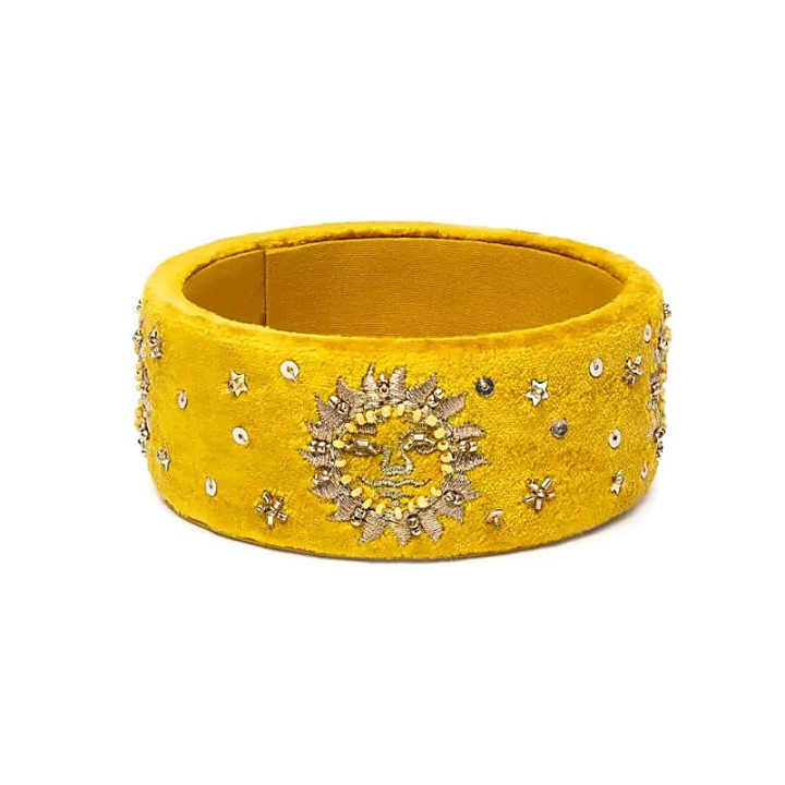 Vide-poche en velours jaune avec soleil