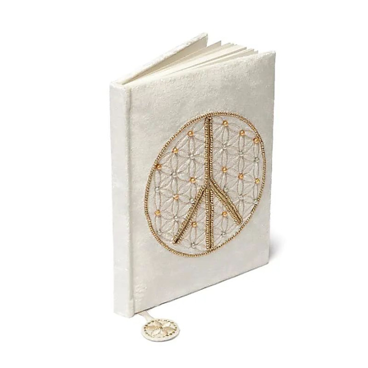 Carnet de notes velours blanc cassé avec Fleur de Vie symbole de la paix