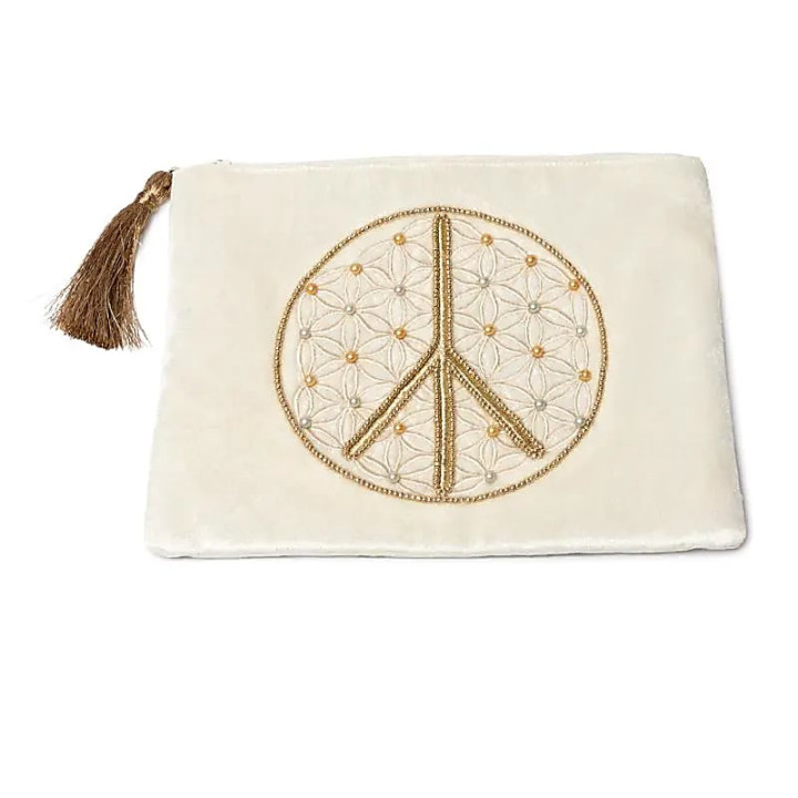 Pochette zippée en velours blanc cassé avec Fleur de Vie symbole de la paix