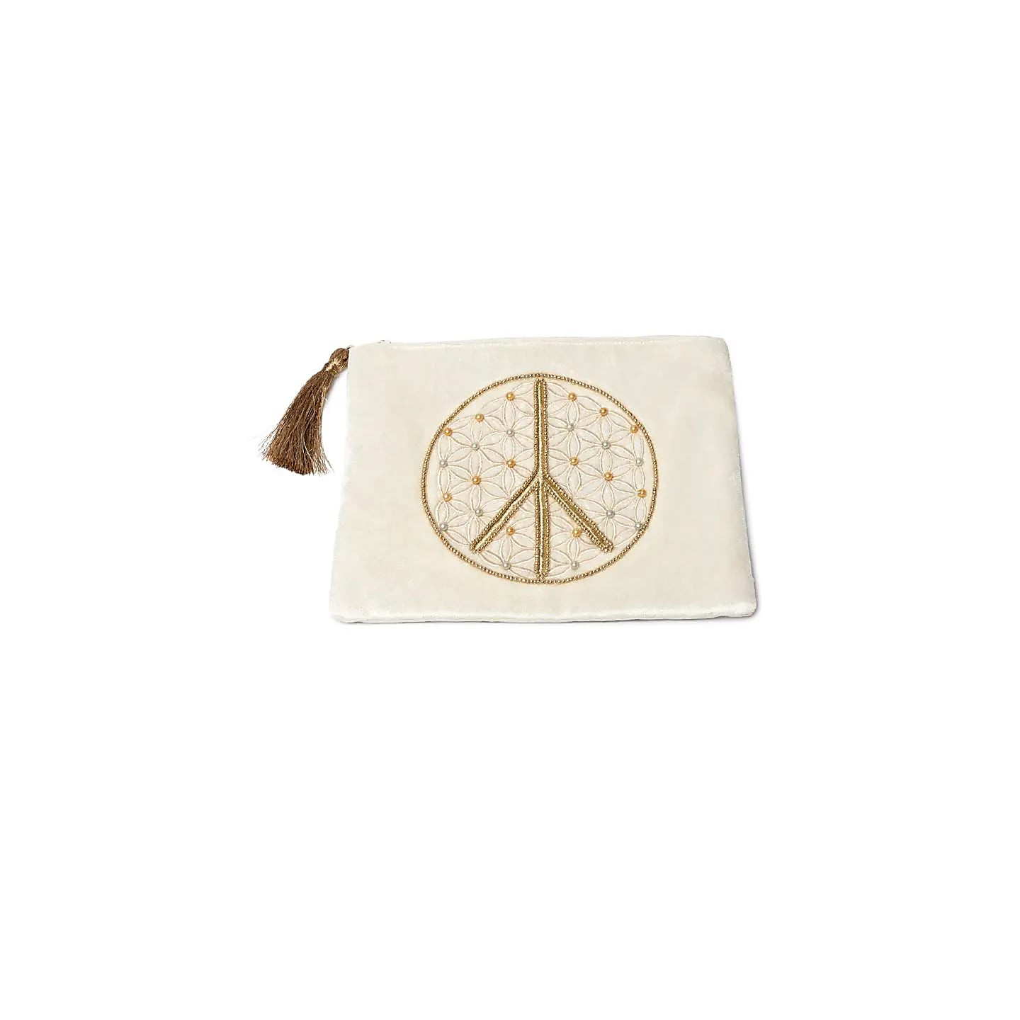 Pochette zippée en velours blanc cassé avec Fleur de Vie symbole de la paix