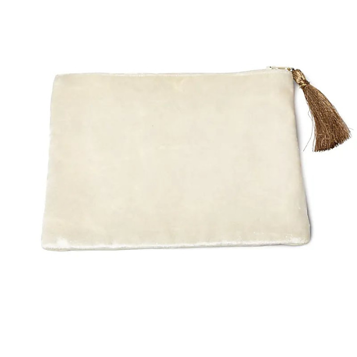 Pochette zippée en velours blanc cassé avec Fleur de Vie symbole de la paix