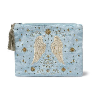 Pochette zippée en velours bleu avec ailes d’ange
