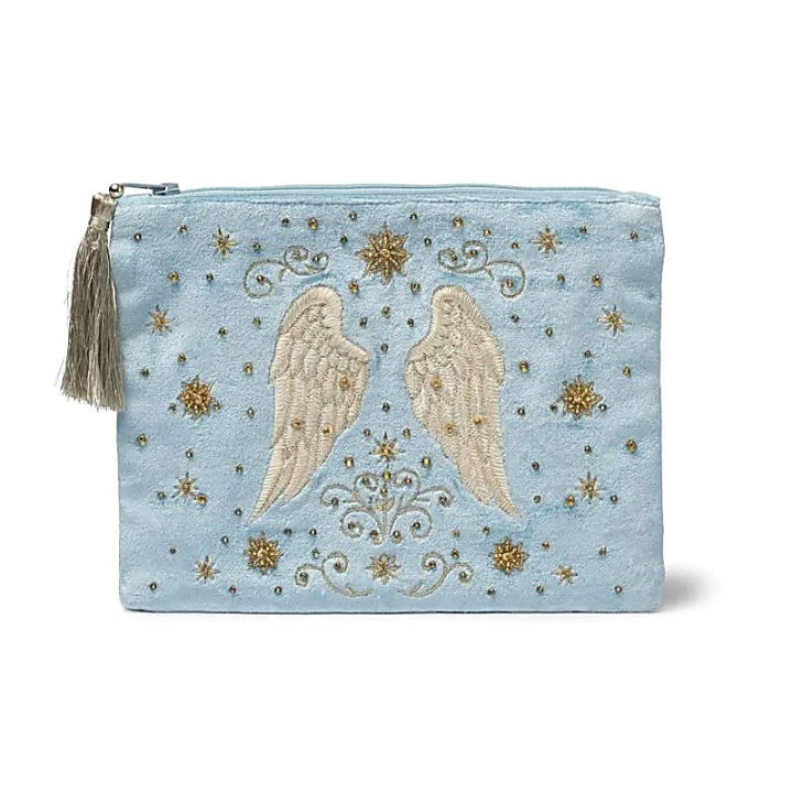 Pochette zippée en velours bleu avec ailes d’ange