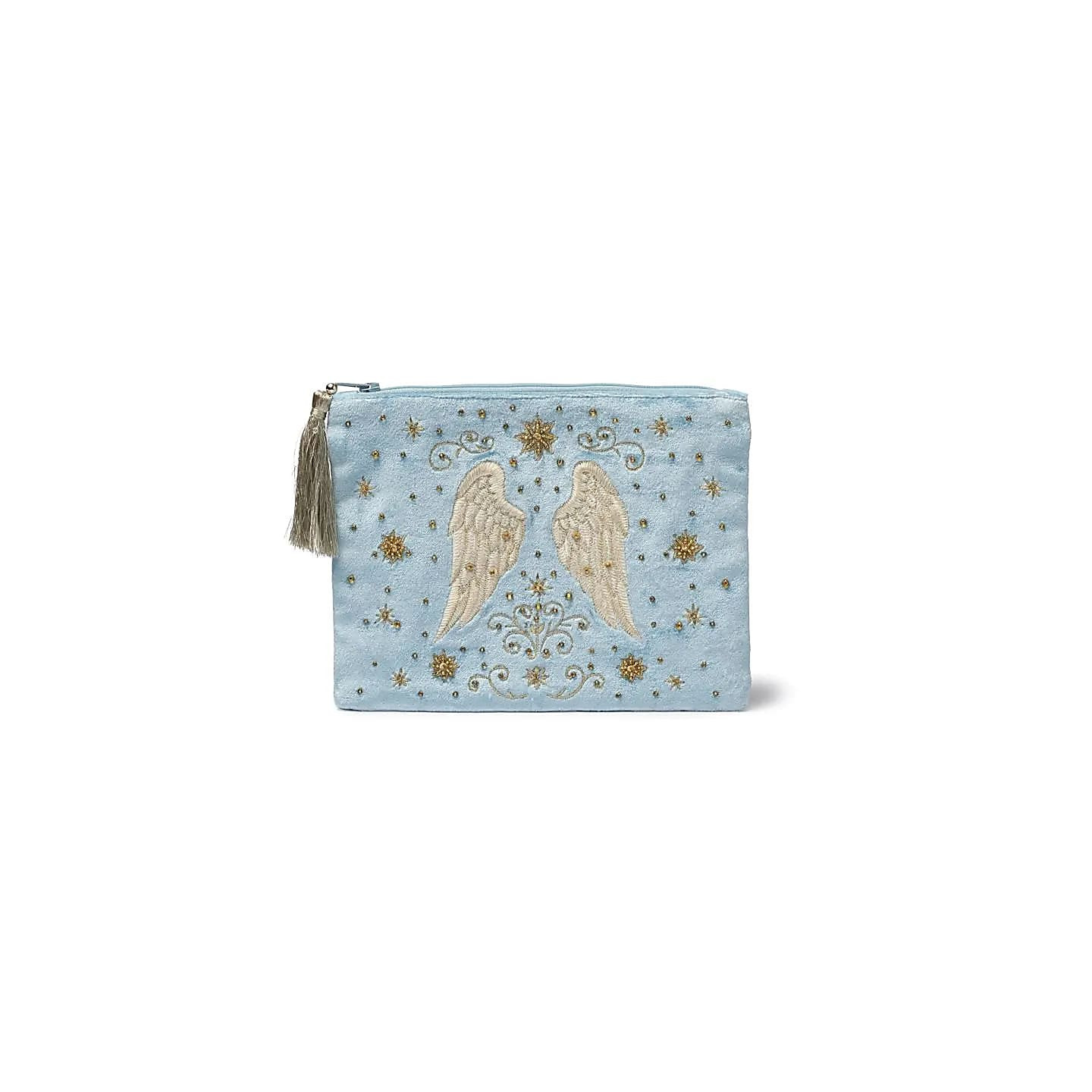 Pochette zippée en velours bleu avec ailes d’ange