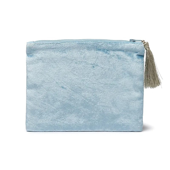 Pochette zippée en velours bleu avec ailes d’ange