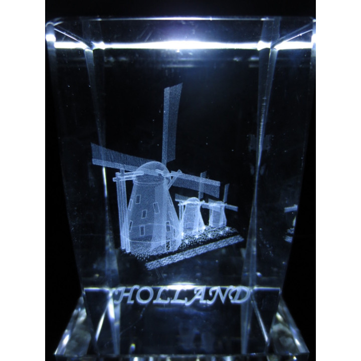3D Crystal Laser Engraving Block – Holland with 3 Windmills