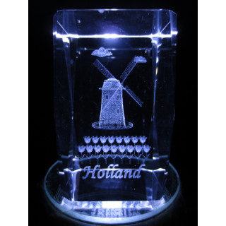 3D Crystal Laser Engraved Block – Windmill and Tulips