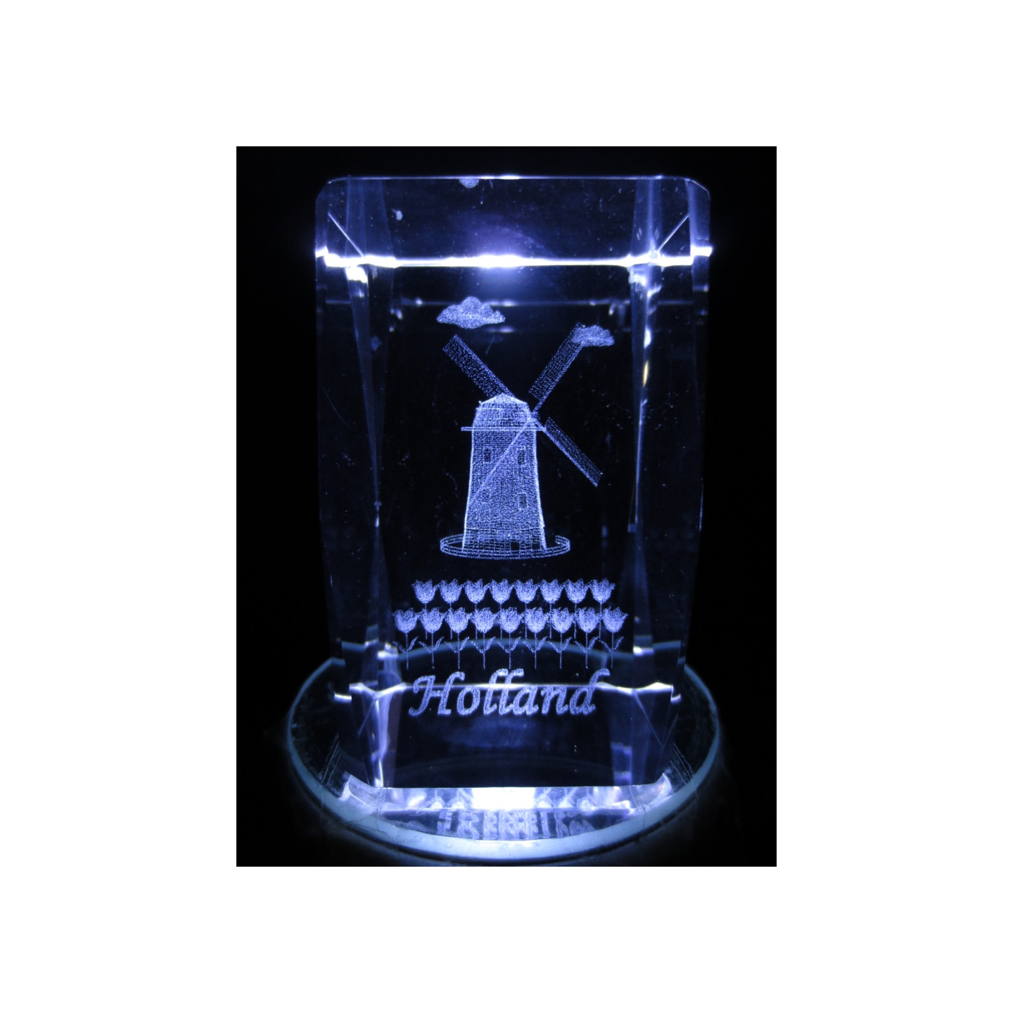 3D Crystal Laser Engraved Block – Windmill and Tulips