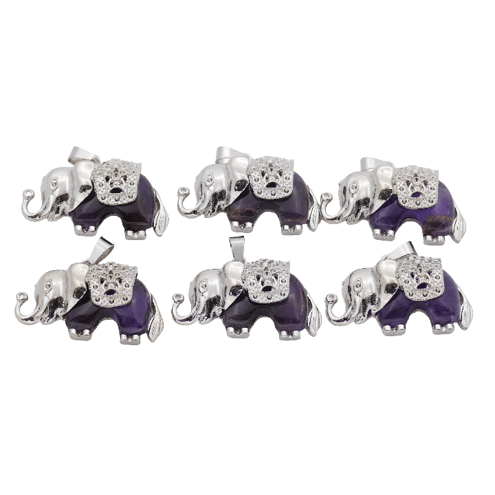 Amethyst Elephant Gemstone Pendants (Set of 6 Pieces)