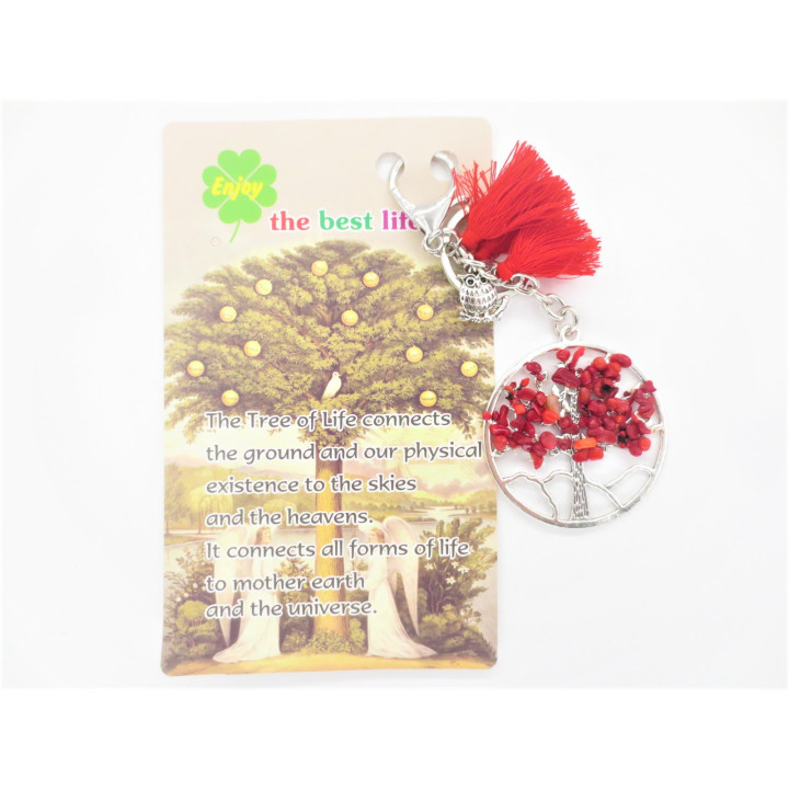 Tree of Life keychain red coral with owl
