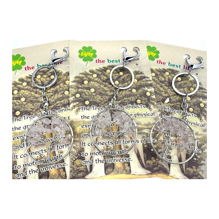 Tree of Life Keychains with Rock Crystal Gemstones