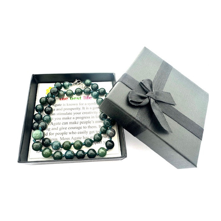 Wholesale 8 mm Moss Agate Beaded Necklace (with Box)
