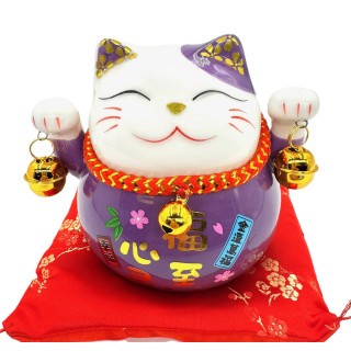 Lucky Cat Money Box on Cushion with 2 Bells (Purple)