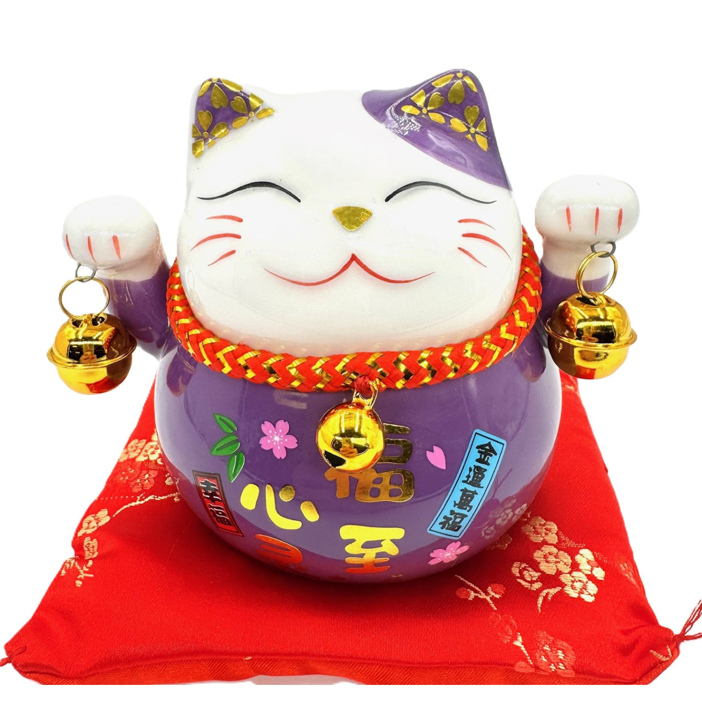 Lucky Cat Money Box on Cushion with 2 Bells (Purple)