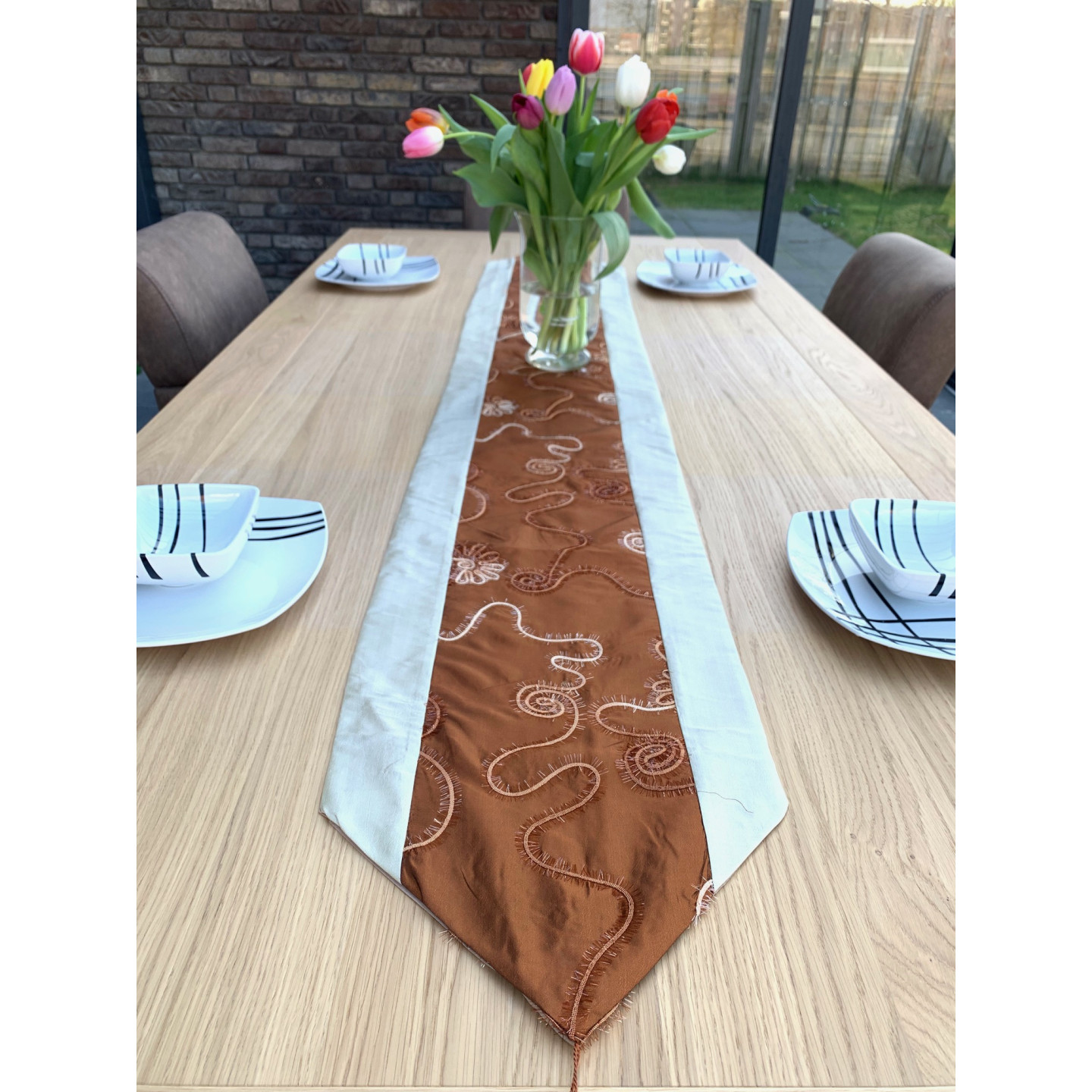 Elegant Embroidered Table Runner – Brown and Silver Decorative Table Cloth