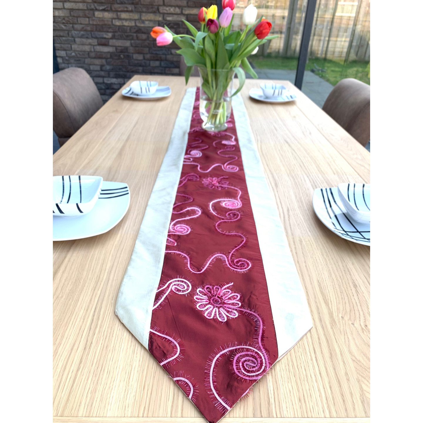 Elegant Embroidered Table Runner – Burgundy and Silver Decorative Table Cloth