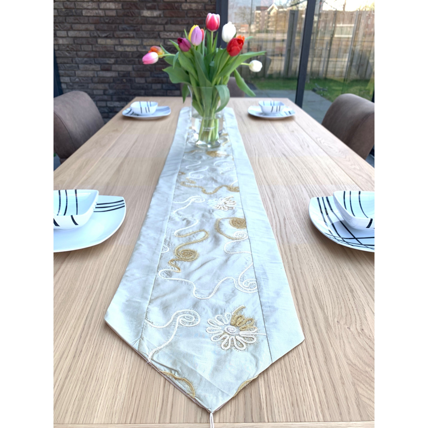 Elegant Embroidered Table Runner – Silver Decorative Table Cloth