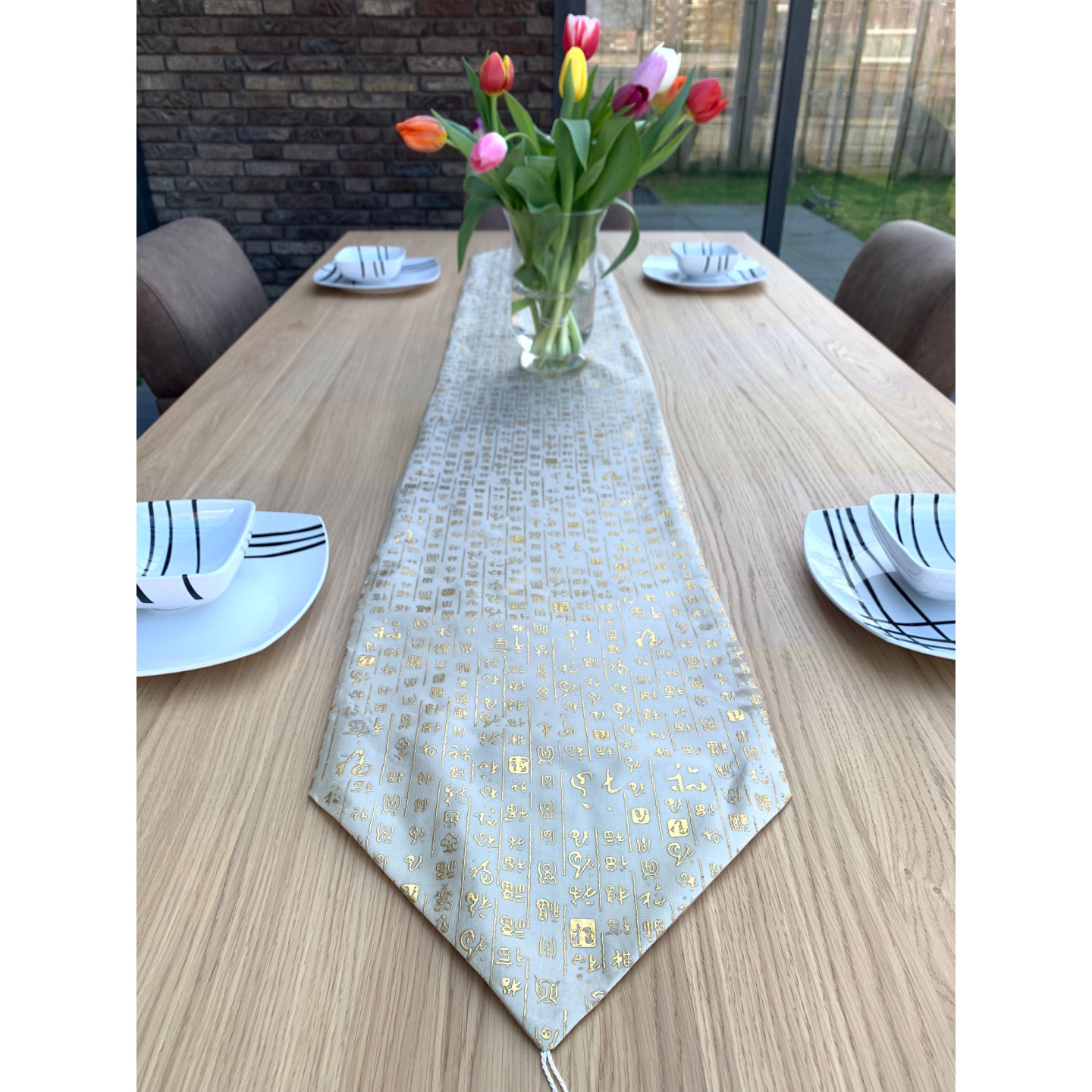 Elegant Embroidered Table Runner – Silver Decorative Table Cloth