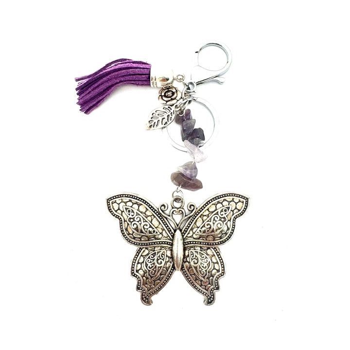 Wholesale Butterfly Keychain with Amethyst Stones & Purple Tassel