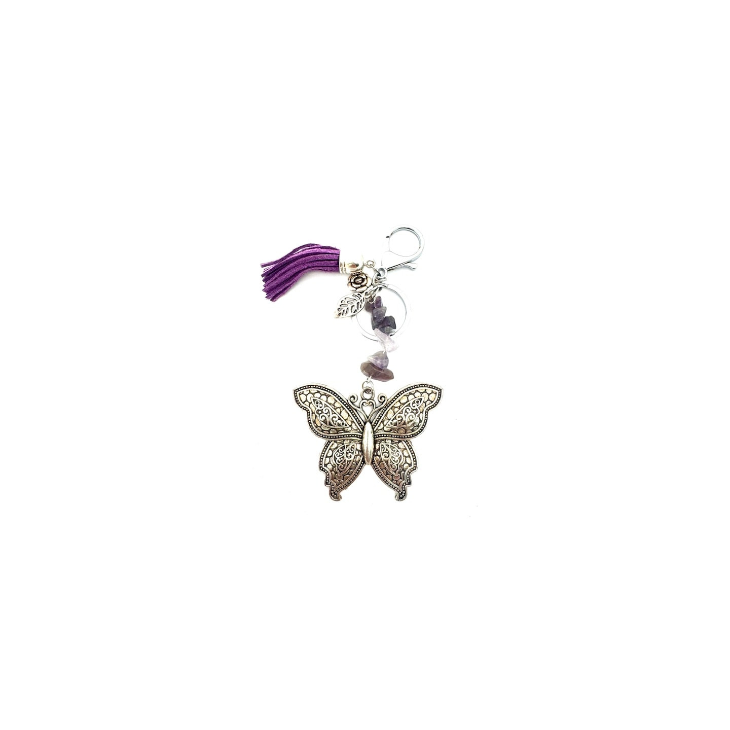 Wholesale Butterfly Keychain with Amethyst Stones & Purple Tassel