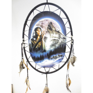 Oval Dreamcatcher Indian Woman with Wolf (II)