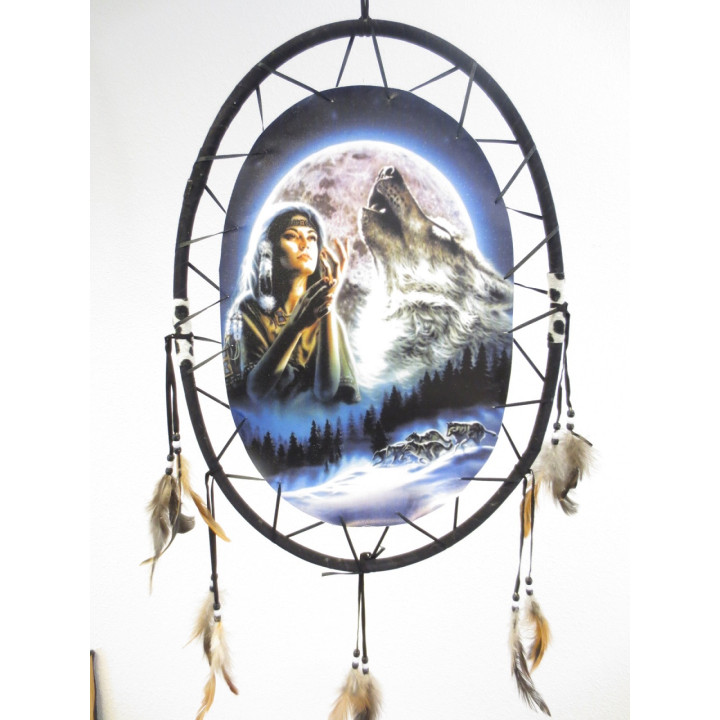 Oval Dreamcatcher Indian Woman with Wolf (II)