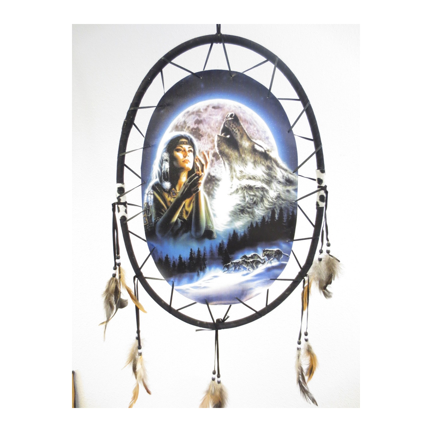 Oval Dreamcatcher Indian Woman with Wolf (II)