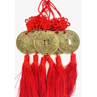 Feng Shui Chinese Coin Wall Hanging with Red Tassels Set of 6