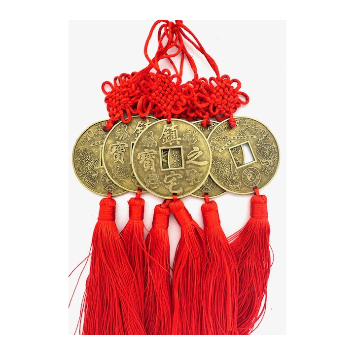 Feng Shui Chinese Coin Wall Hanging with Red Tassels Set of 6