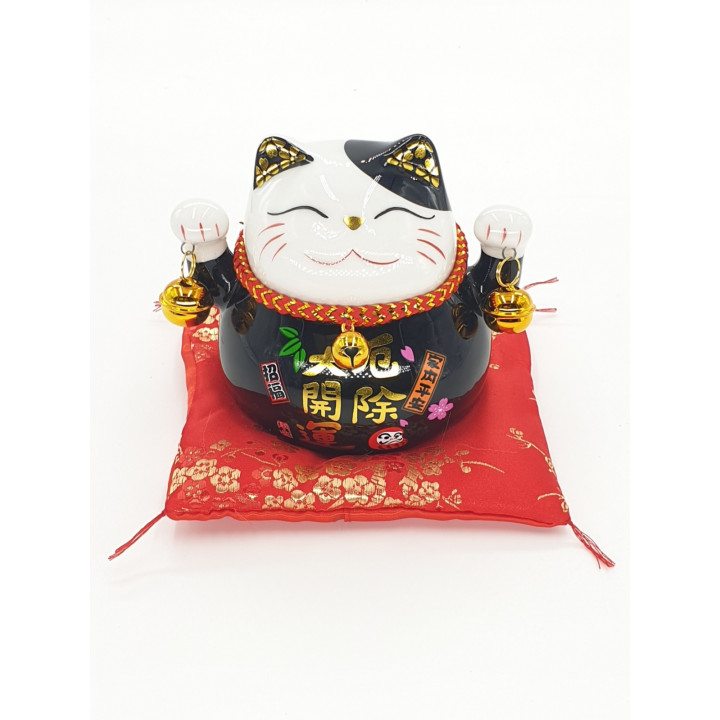 Lucky Cat Money Box on Cushion with 2 Bells (Black)
