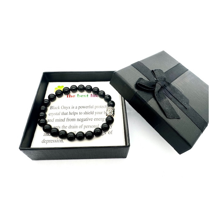 8mm Buddha Black Onyx Gemstone Bracelet – Gift Box Included