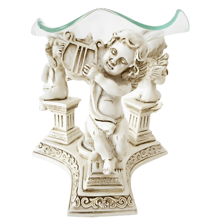 Resin Oil Burner with Three Angels on Pillars White 10.5 cm
