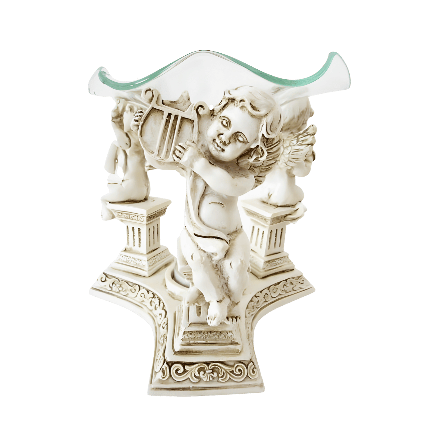 Resin Oil Burner with Three Angels on Pillars White 10.5 cm