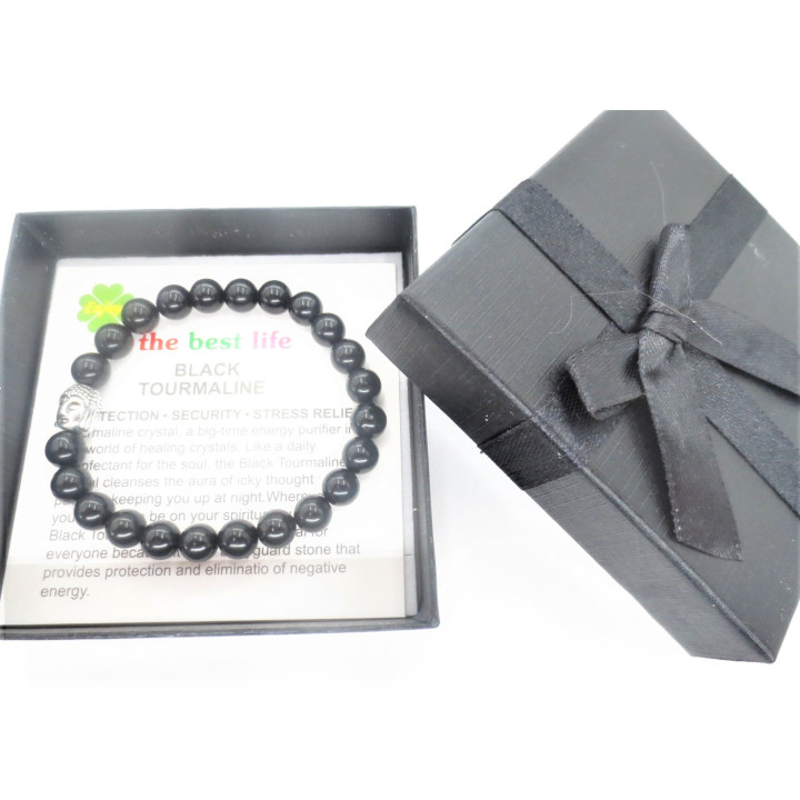 8mm Buddha Black Tourmaline Gemstone Bracelet – Gift Box Included