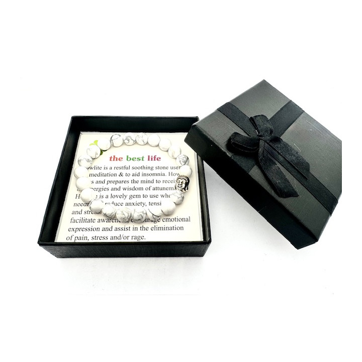 8mm Buddha White Howlite Gemstone Bracelet – Gift Box Included