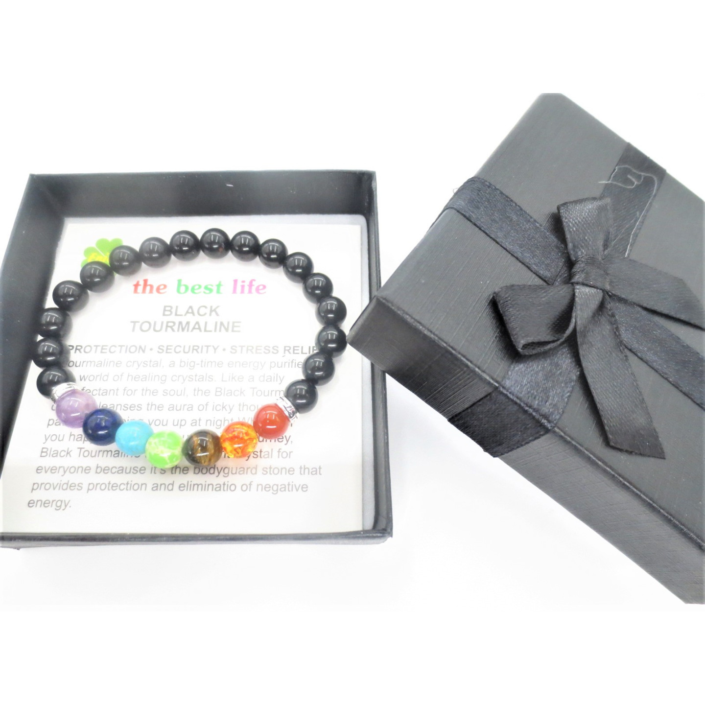 8mm 7-Chakra Black Tourmaline Gemstone Bracelet – Gift Box Included