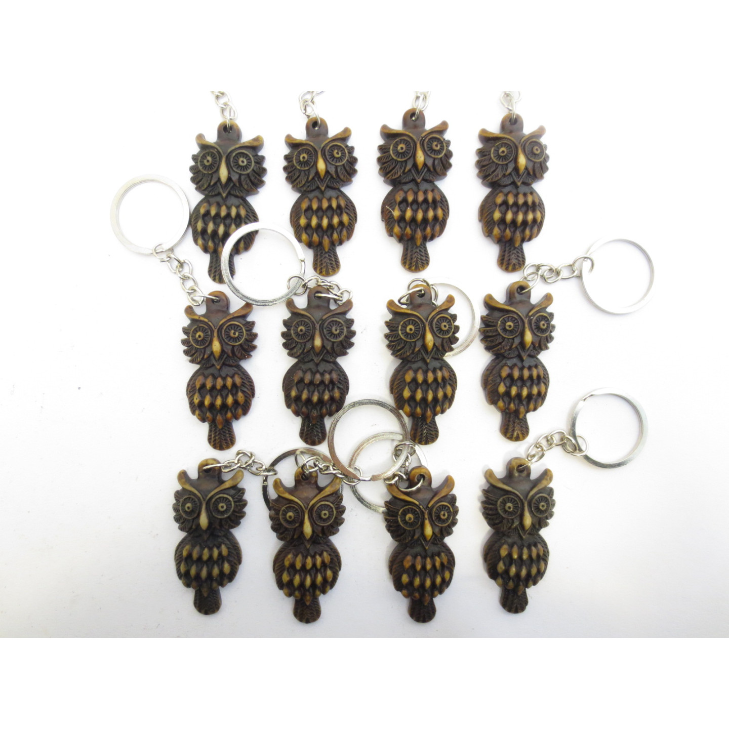 Polystone owl keychain set of 12 brown