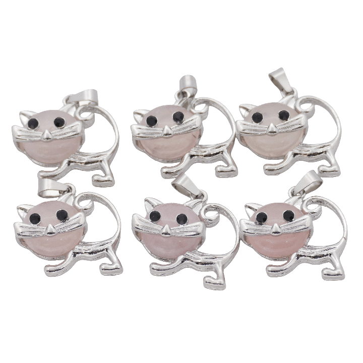 Rose Quartz Cat Gemstone Pendants (Set of 6 Pieces)