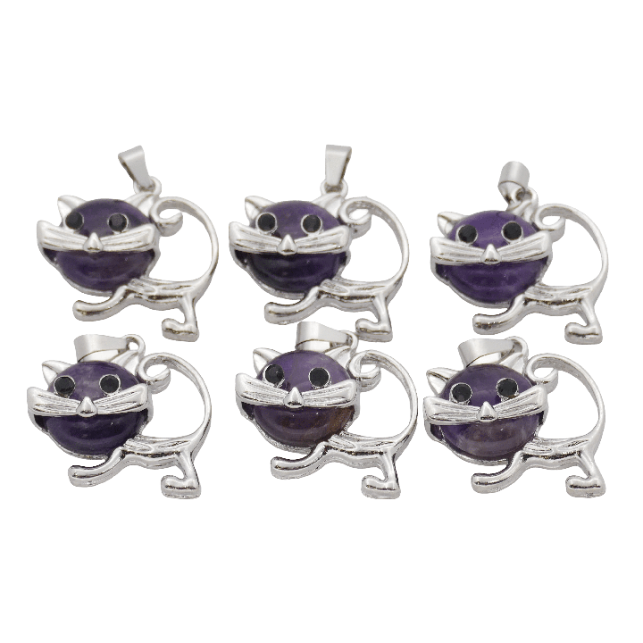 Amethyst Cat Gemstone Pendants (Set of 6 Pieces)