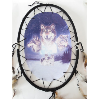 Oval Dreamcatcher 3 Wolves Head