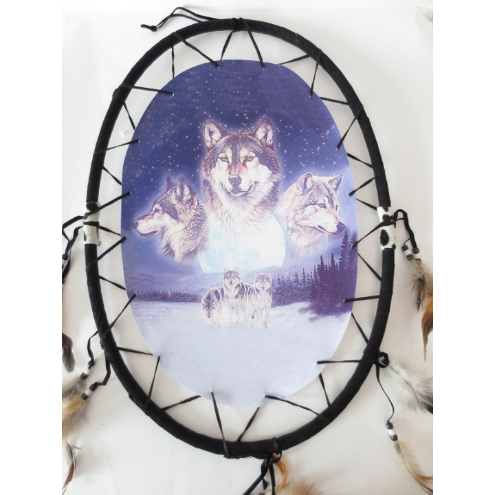 Oval Dreamcatcher 3 Wolves Head
