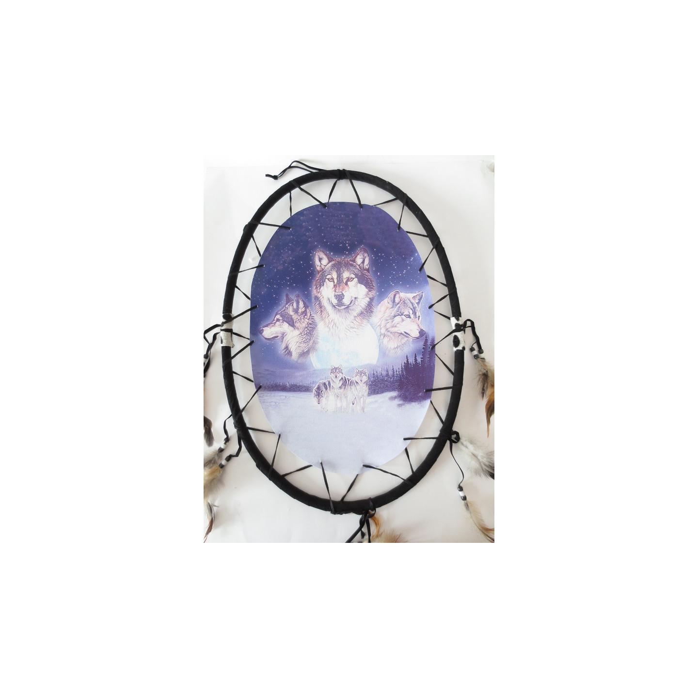Oval Dreamcatcher 3 Wolves Head