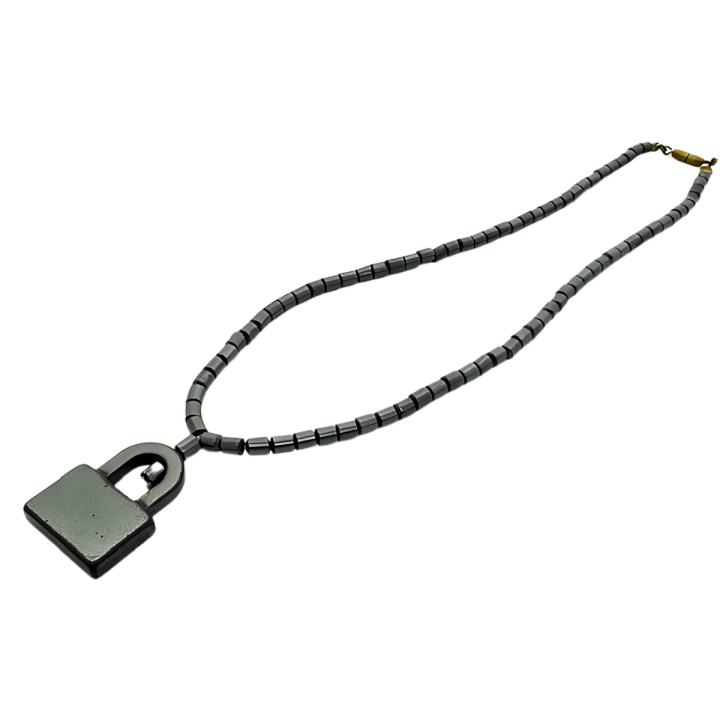 Elegant Lock Pendant with Hematite Bead Necklace