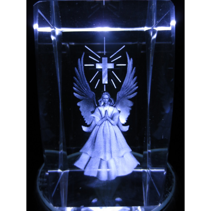 3D Crystal Laser Engraved Block – Angel and Cross